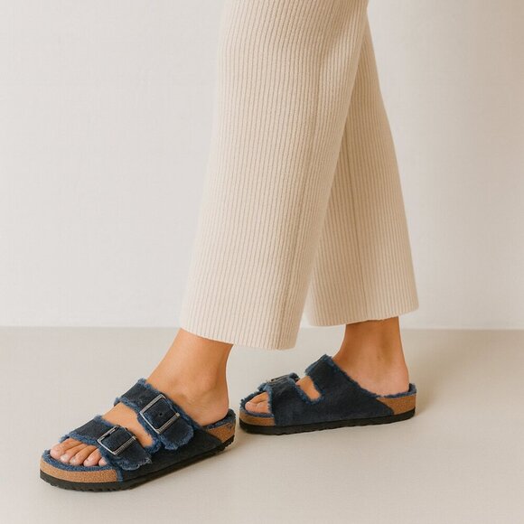 Birkenstock Arizona Shearling Sandals Navy Blue Suede Women’s 39 Fuzzy Cozy - Picture 1 of 16